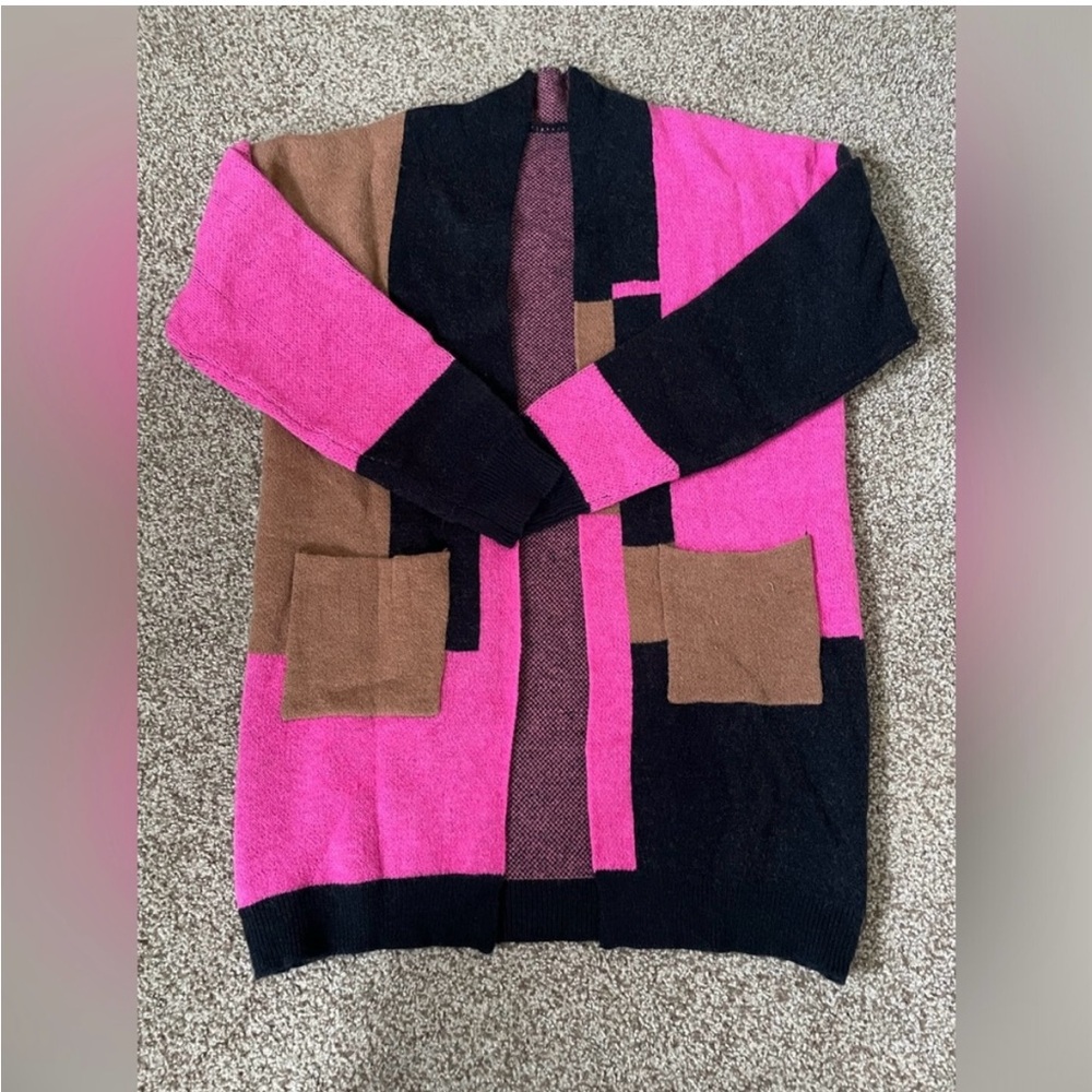 Colorblock Cardigan Sweater - Pink, Black, and Brown
